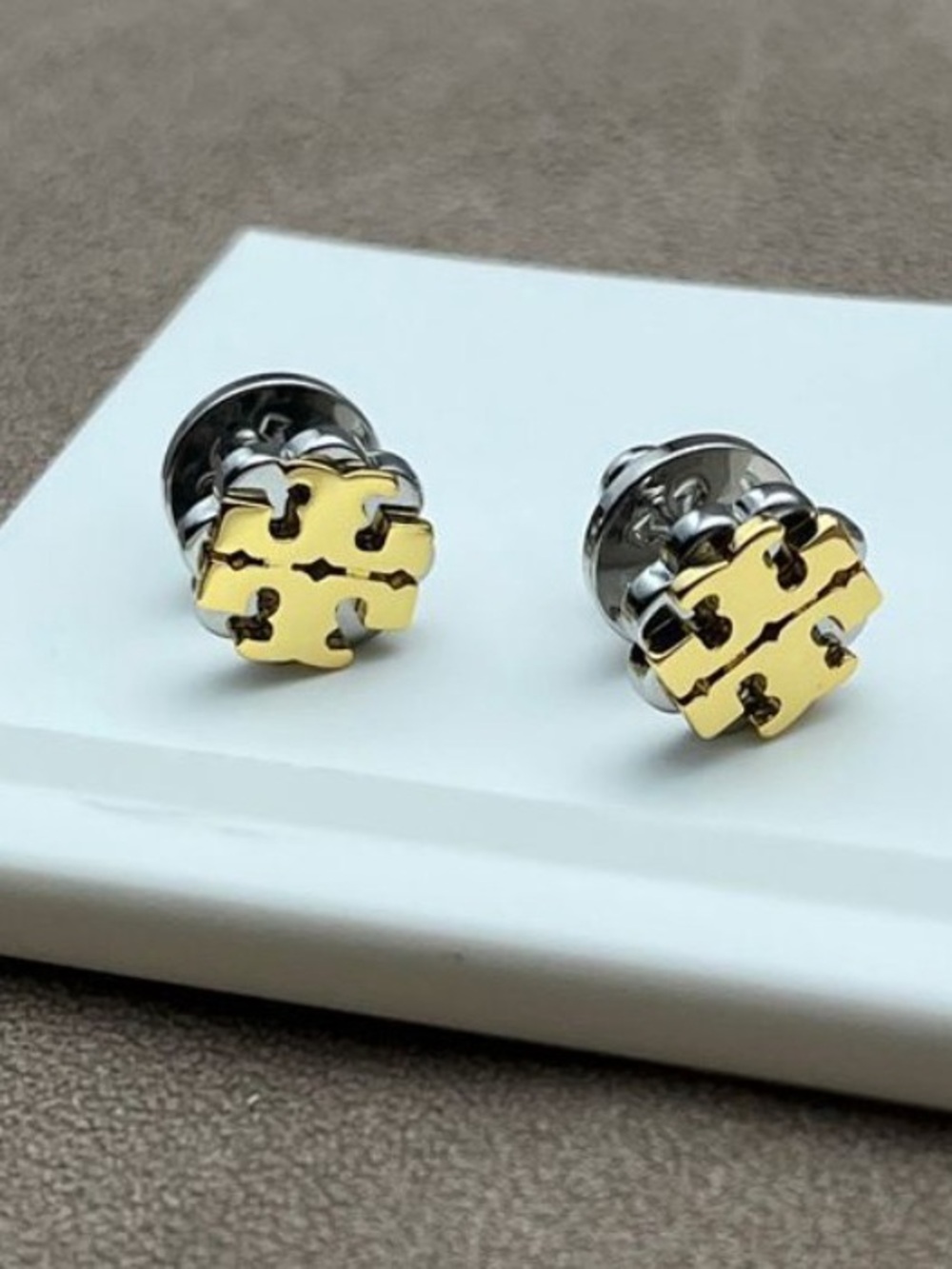 Tory Burch Gold and Silver Logo Stud Earrings